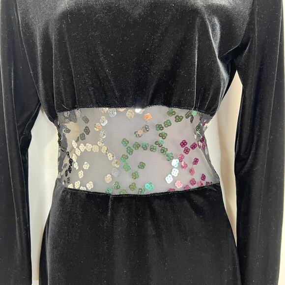 Vintage 80s Gantos Velvet Stretch Mini Dress Sequin Mesh Cut Out Midriff - Picture 5 of 7